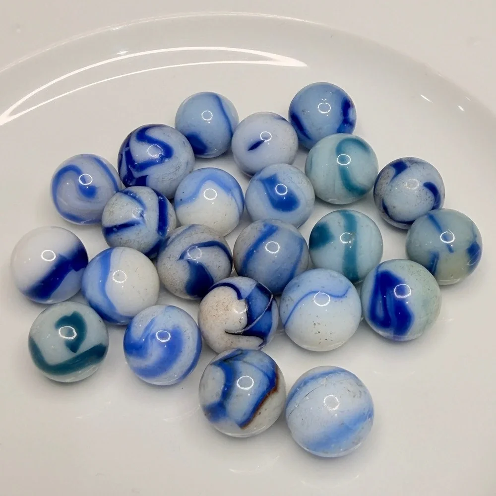 Vintage‎ Blue & White Swirl Glass Marbles Lot (~25) – Vitro Style – Mixed Cond.